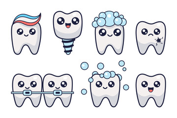 Different teeth kawaii characters set. Stomatology concept illustration. Oral hygiene collection. Dental cleaning cosmetic. Vector