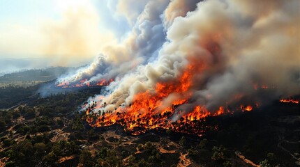 Fototapeta premium A massive fire burns in the forest, with bright flames and dark smoke contrasting against the greenery