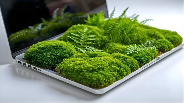 Laptop computer overgrown with green moss and nature
