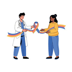 Doctor and patient holding awareness ribbon, representing support and unity