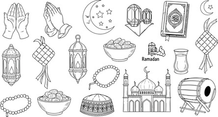 Hand drawn ramadan and eid celebration elements in black and white