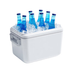 A white cooler with six bottles of blue soda in it