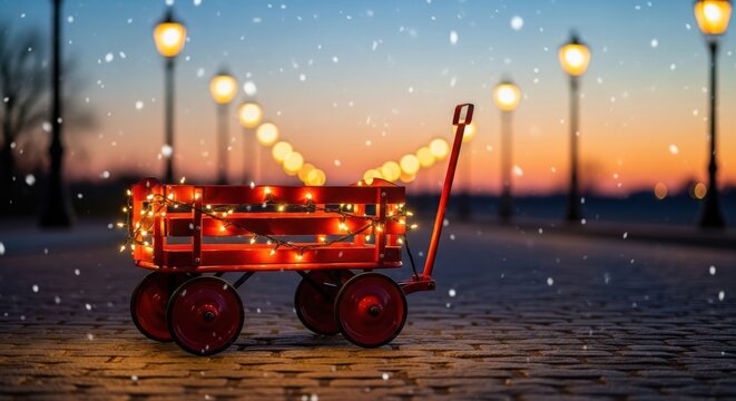 Red wagon with festive lights on snowy cobblestone path at dusk with streetlights - Powered by Adobe