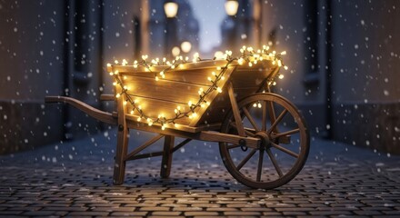 Fototapeta premium Wooden wheelbarrow adorned with glowing festive string lights on snowy street