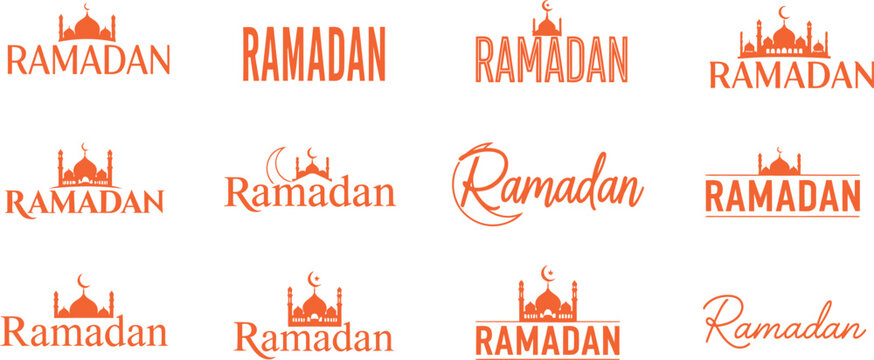 Collection of ramadan kareem typography designs with mosque silhouette for islamic celebration