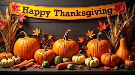 Happy Thanksgiving banner, a selection of pumpkins arranged on a dark wooden background with seasonal vegetables and warm fall decorations