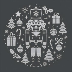 Nutcracker. Silver Christmas vector card. Around motif.