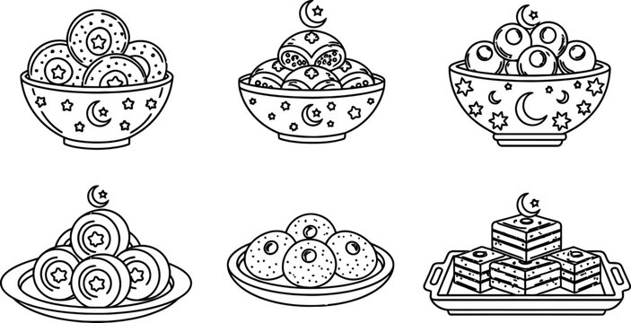 Hand drawn sketch of traditional middle eastern sweets for ramadan