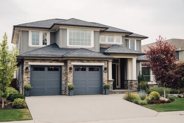 Modern Home Exterior with Gray Double Garage Doors