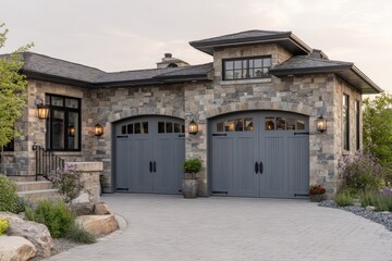 Fototapeta premium Stylish Exterior with Stone Wall and Gray Garage Doors