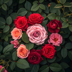 A top down view of several roses of different colors surrounded by green leaves in a garden setting