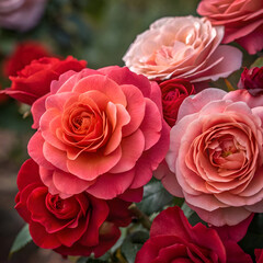 Close up view of a cluster of roses in various shades of red, pink, and peach with green foliage