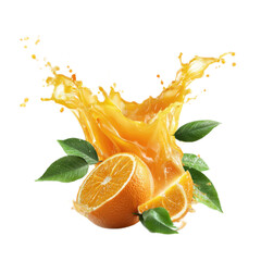 A splash of orange juice with a slice of orange and a leaf