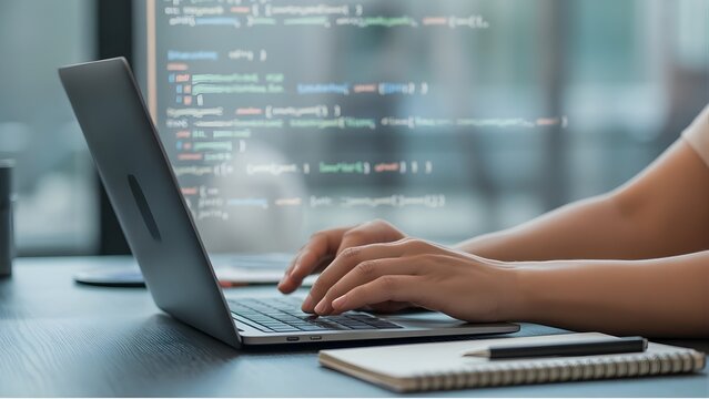 Close-up of Developer Hands Typing Code on Laptop with Holographic Display - Powered by Adobe