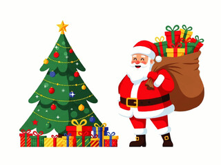 Cheerful Santa Claus carrying a sack full of colorful gifts standing next to a decorated Christmas tree with presents underneath.