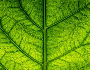 Vivid close-up reveals intricate vein network of a translucent, bright green leaf against a luminous background