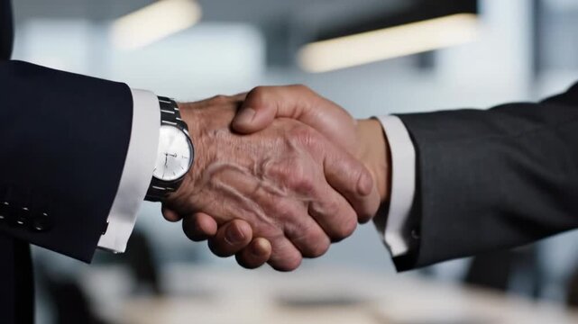Professional handshake between two business partners in a modern office setting
