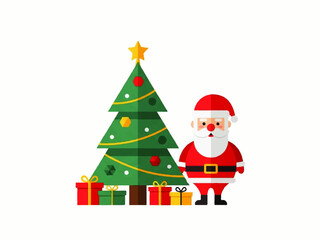 Cartoon illustration of Santa Claus standing next to a decorated Christmas tree with presents underneath on a white background.