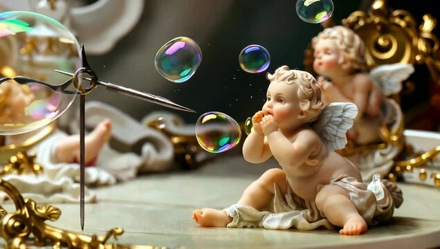 Baroque Cherub Statue Blowing Iridescent Soap Bubbles Classical Putto Figurine Whimsical Scene Gilded Ornamentation Timepiece Detail