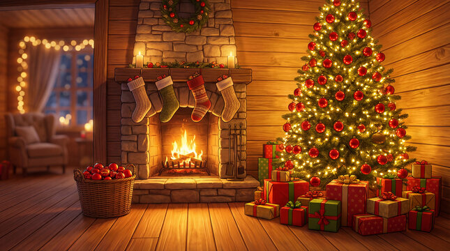 Cozy christmas scene with fireplace, decorated tree, and gifts - Powered by Adobe