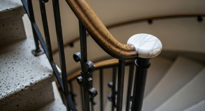 Spiral staircase with wooden handrail and marble finial in elegant interior