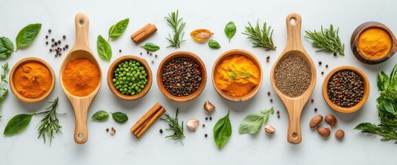 Various spices and herbs arranged in wooden bowls and spoons on a white surface