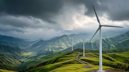 Wind Turbines On Grassy Hillside In Mountain Valley Under Dramatic Cloudy Sky