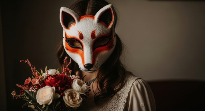Woman with fox mask and bouquet - mysterious caucasian adult in artistic portrait