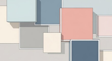 Abstract geometric arrangement of pastel and muted colored cubes and squares in a modern