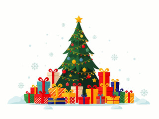 A decorated Christmas tree stands surrounded by a colorful array of wrapped gifts and presents, with snowflakes in the background.