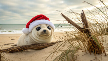 Christmas animal seal wearing red Santa hat on sandy beach with dry grass and ocean in background under cloudy sky