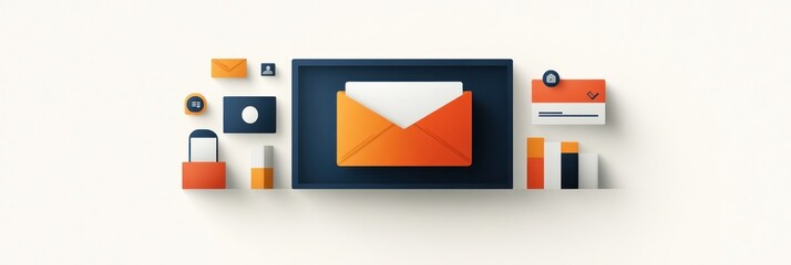 Flat lay design with orange and dark gray icons, email central focus