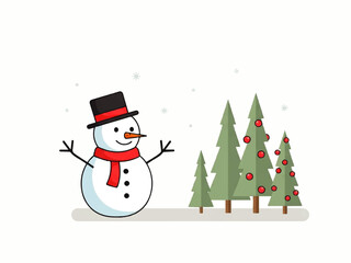 Cartoon snowman wearing a hat and scarf stands beside decorated Christmas trees, with snowflakes falling in a minimalist winter scene.