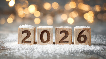 Wooden cubes forming number 2026 placed on snow with glowing bokeh lights in the background, symbolizing upcoming New Year celebration and festive seasonal concept.