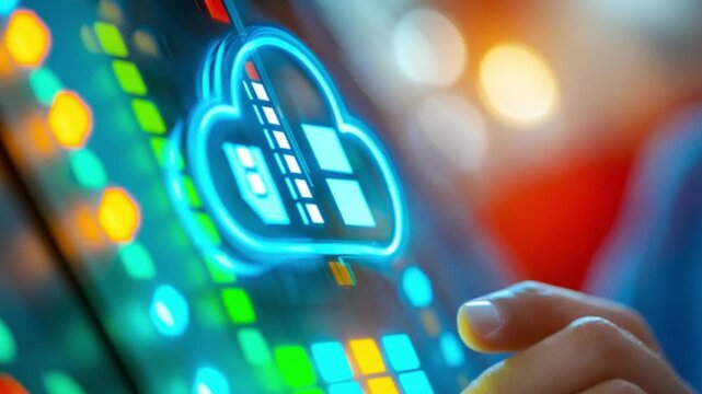 Cloud Computing Visualization: Illustrating the digital realm of cloud computing, a luminous cloud icon glows on a cutting-edge interface. It offers a glimpse into a world of seamless connectivity.