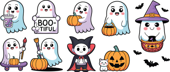 Cute kawaii Halloween ghost characters set with bubble tea and skateboard, funny vampire boy, pumpkin and bats, adorable cartoon vector stickers collection, - cad drawing flat vector illustration