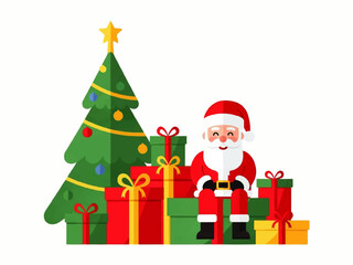 Cartoon Santa Claus sitting on a stack of wrapped Christmas presents next to a decorated Christmas tree with a gold star on top.
