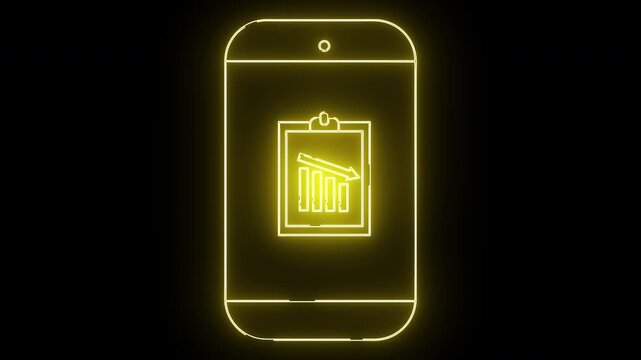 A glowing yellow outline of a phone displays a chart with down ward trending bars and an arrow