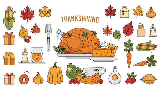 Autumn healthy food vector collection set with Thanksgiving turkey and seasonal vegetables and fruit illustration