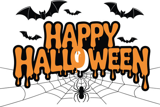 Happy Halloween dripping typography design featuring flying bats, hanging spider on web, spooky melting orange letters, creative holiday banner background, - cad drawing flat vector illustration