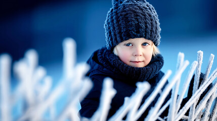 Young child in warm clothing exploring frosty branches during cold winter day, enjoying outdoor winter activities