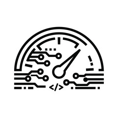 Black and white line icon representing digital speed or performance measurement with circuit board trace