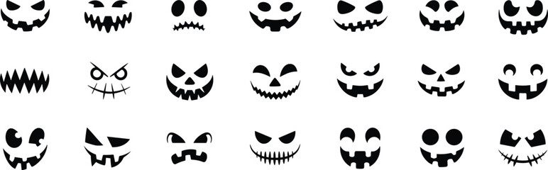 Scary Halloween pumpkin faces set, spooky jack o lantern silhouettes, black carving stencils, horror eyes and mouths icons collection, - cad drawing flat vector illustration