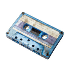 A blue plastic cassette tape is laying on a white background