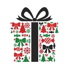 Christmas gift box illustration with festive holiday decorations and bow.