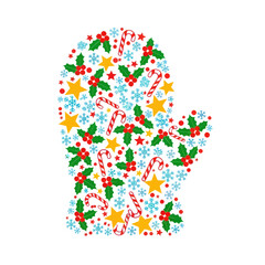 Festive Mitten Pattern with Holly, Candy Canes, and Snowflakes.