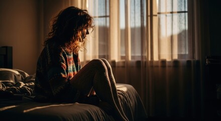 Pensive mature caucasian woman in cozy room with morning light