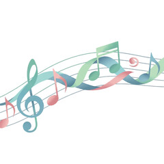 Melodic waves of colorful musical notes flow across a white background