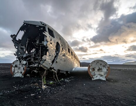 Wreckage of a vintage aircraft on a desolate black sand beach under a dramatic cloudy sky