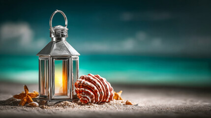 Illuminated lantern casting a warm glow on seashell and starfish nestled in the sand, evoking feelings of tranquility, a summer getaway, and a serene coastal retreat